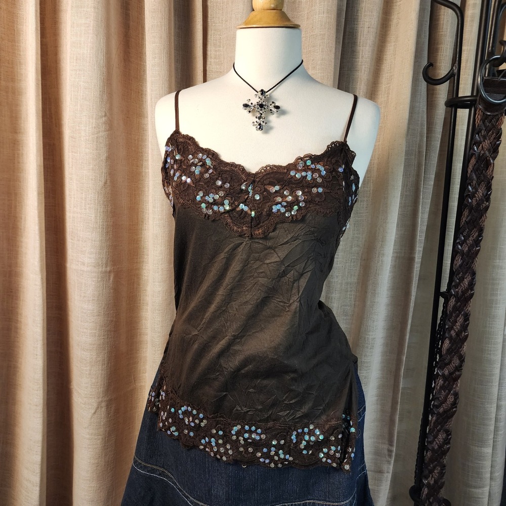 MCM Brown Crinkle Cami Top XL Lace Sequin Trim Y2K Fairycore Boho Camisole